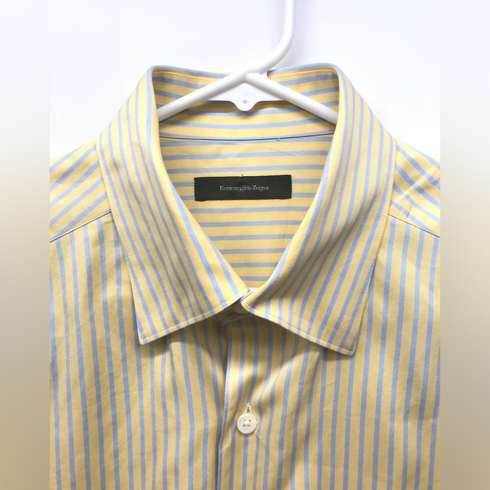 Ermenegildo Zegna Shirt Mens L Yellow Blue Striped Button Down Cotton Italy Made - Picture 2 of 9